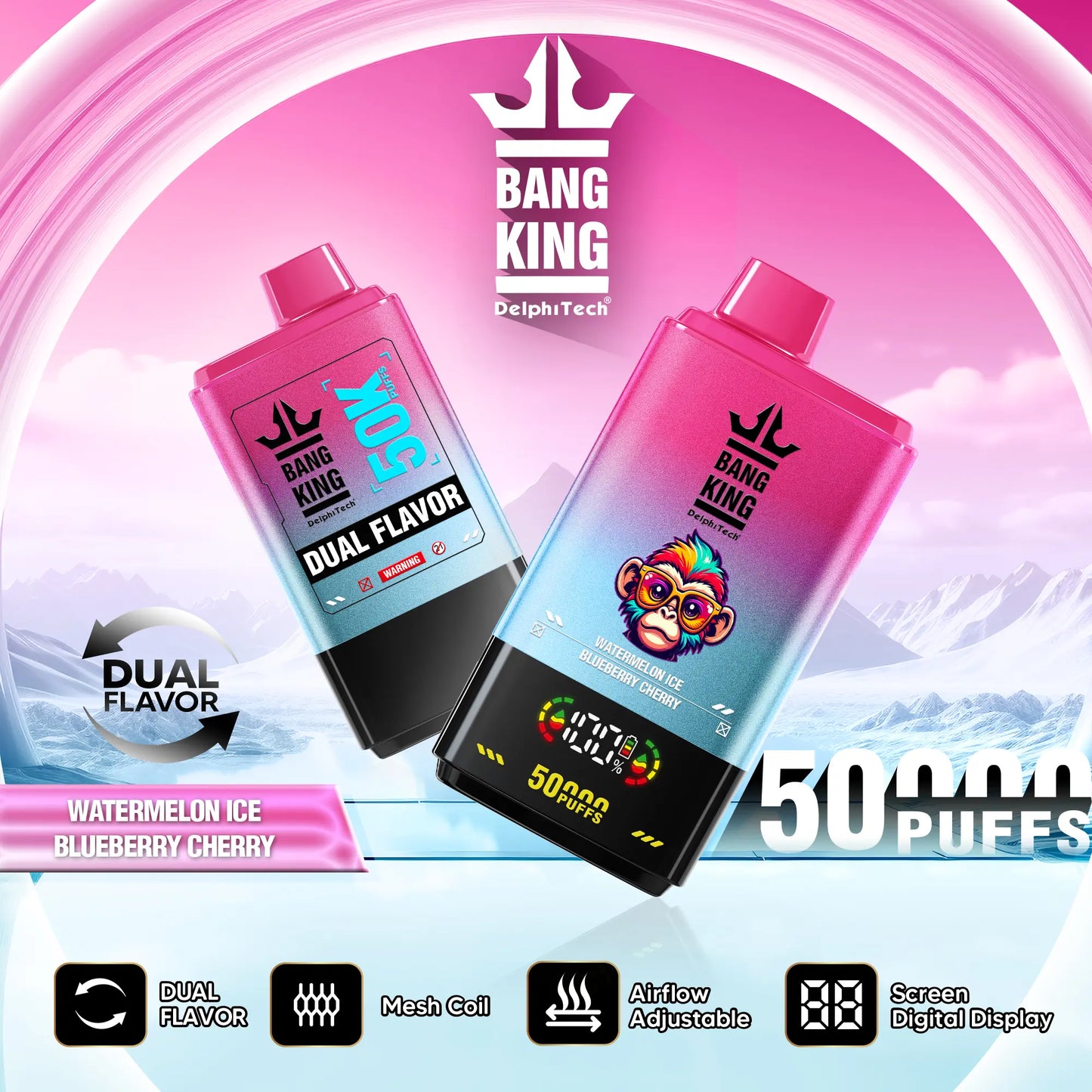 Bang King 50000 50k Puffs 2% 3% 5% Nicotine Double Taste LCD Display Disposable Vape