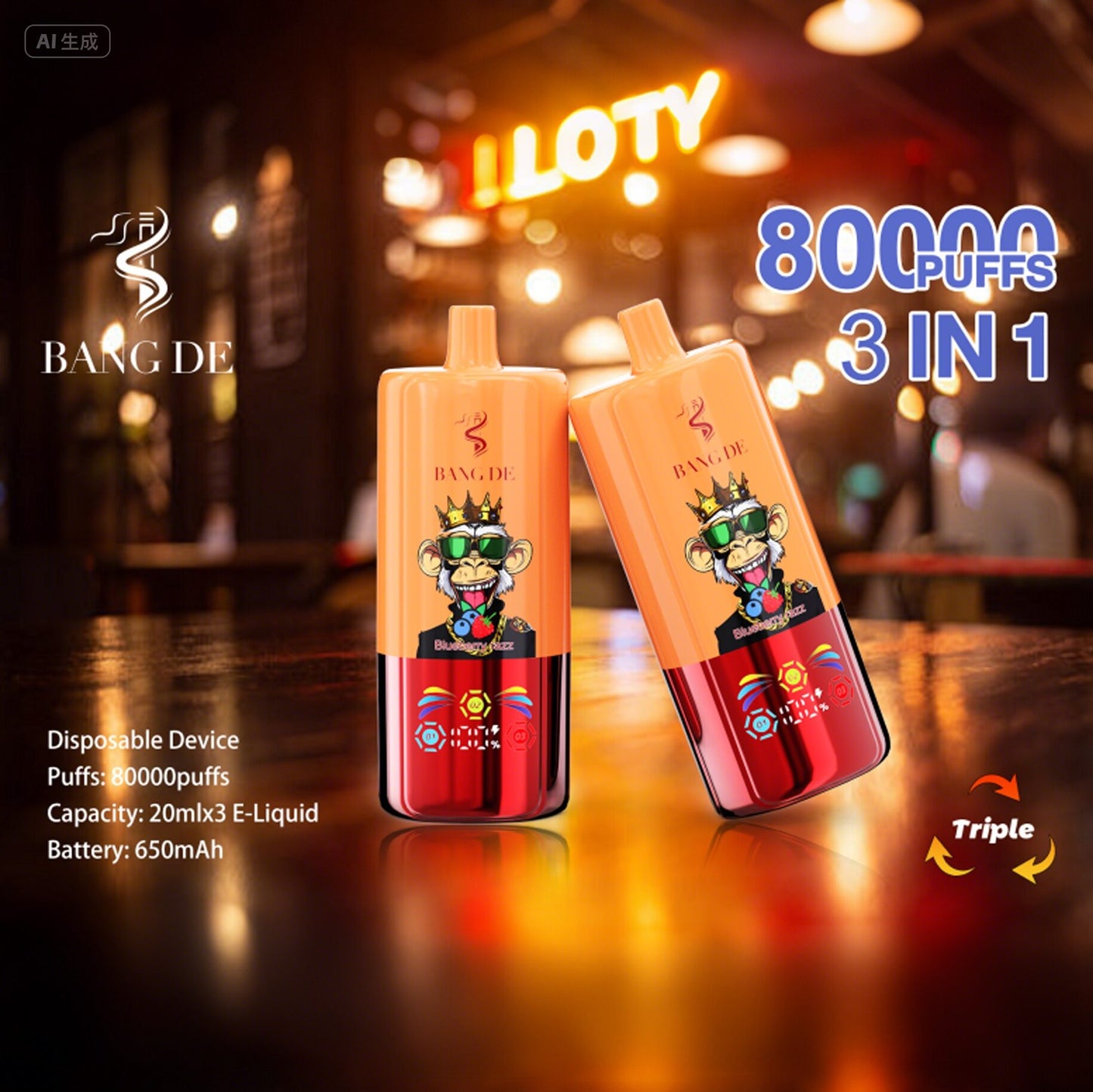 Bang DE 80000 80k Puffs 3 in 1 Flavors Newest Original Rechargeable LCD Display Disposable Vape