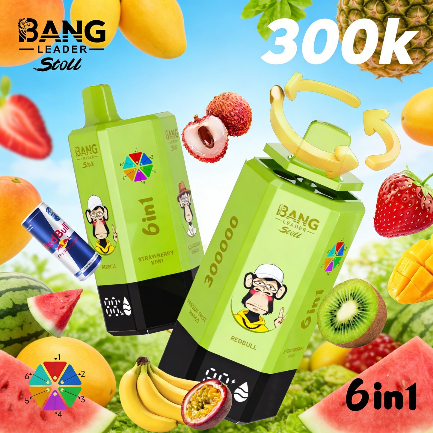 Bang Leader 300K 300000 Puffs 6 in 1 Flavors & 6 oil tanks Rechargeable LCD Display Disposable Vape EU Warehouse