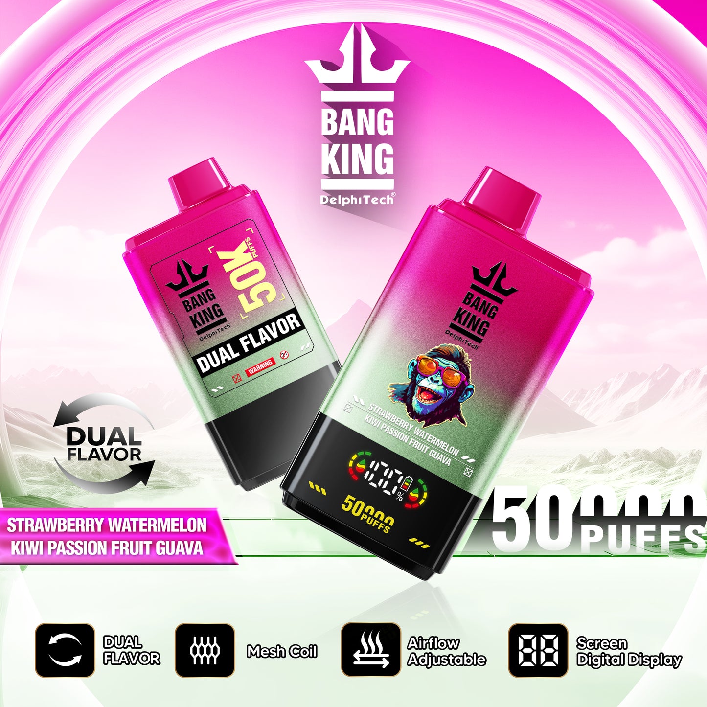 Bang King 50000 50k Puffs 2% 3% 5% Nicotine Double Taste LCD Display Disposable Vape
