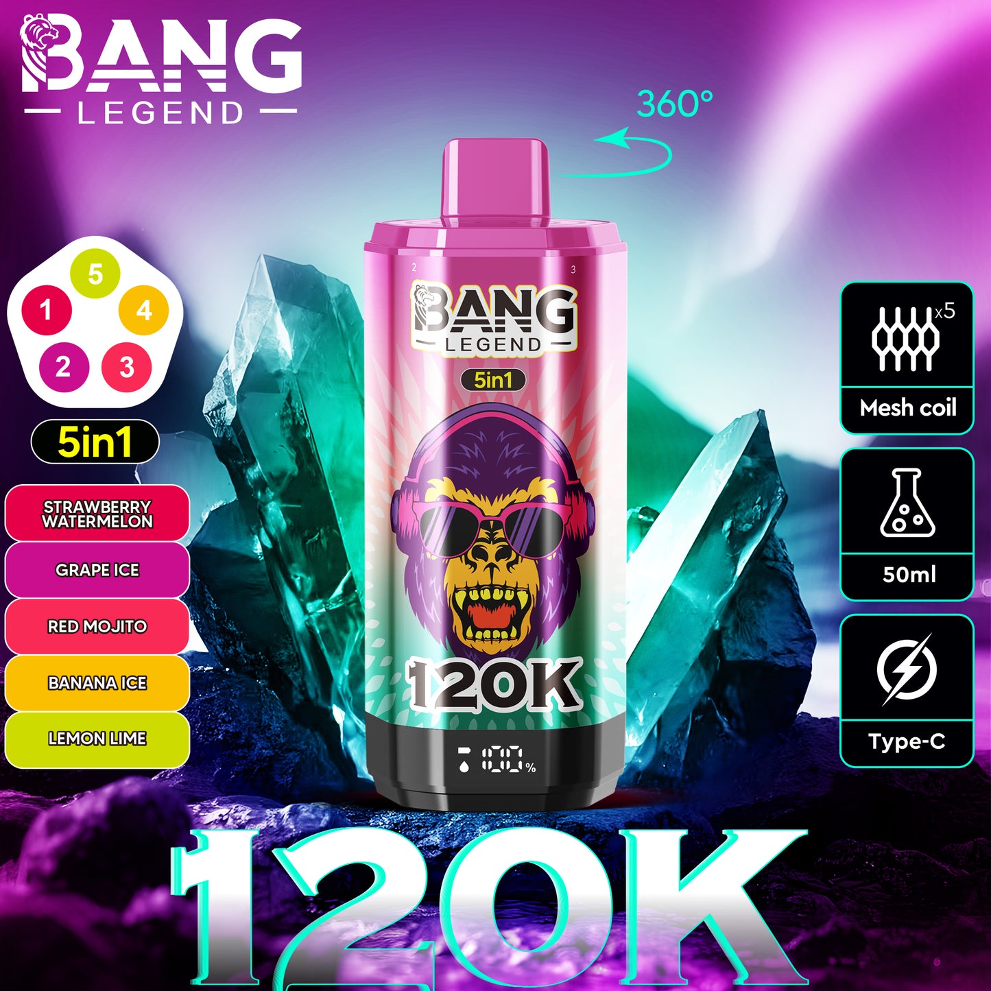 Bang Legend 120000 120K Puffs 5 in 1 Flavors Newest Original Rechargeable LCD Display Disposable Vape