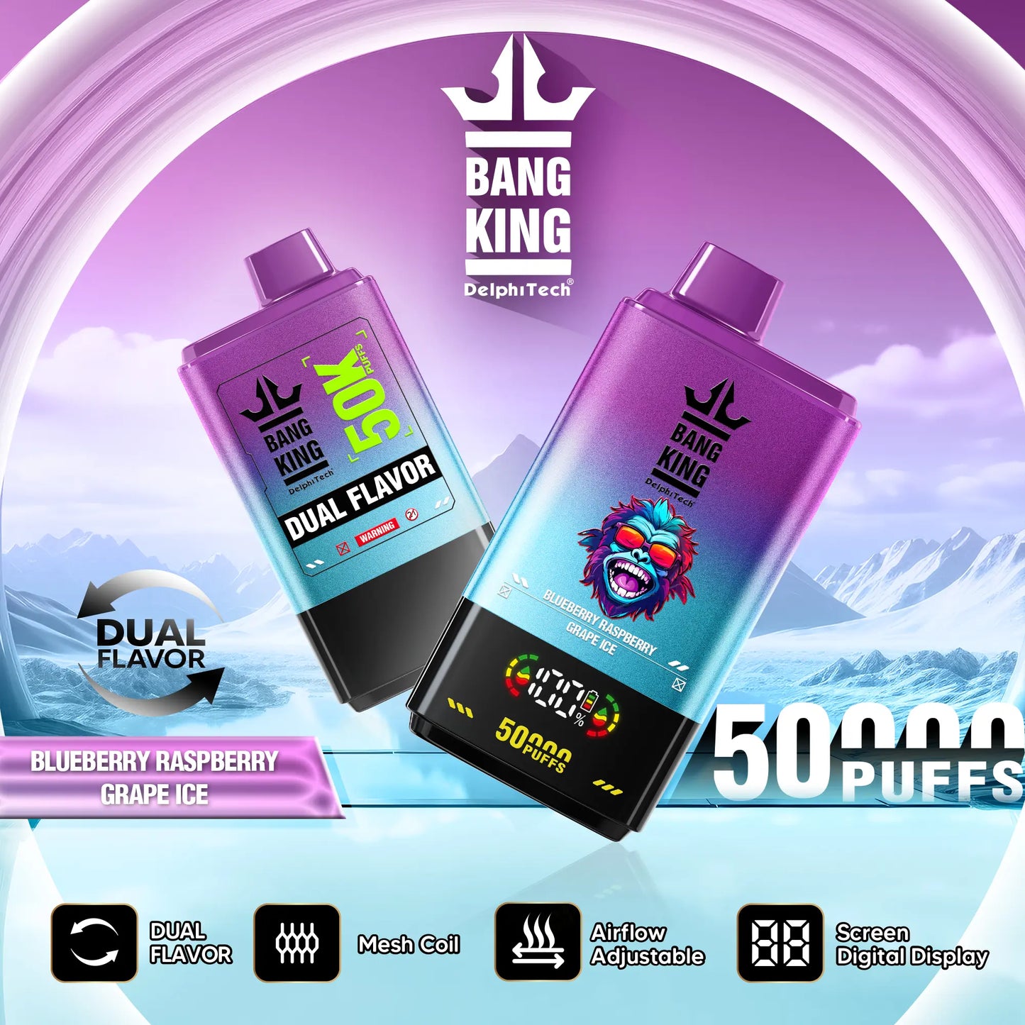 Bang King 50000 50k Puffs 2% 3% 5% Nicotine Double Taste LCD Display Disposable Vape