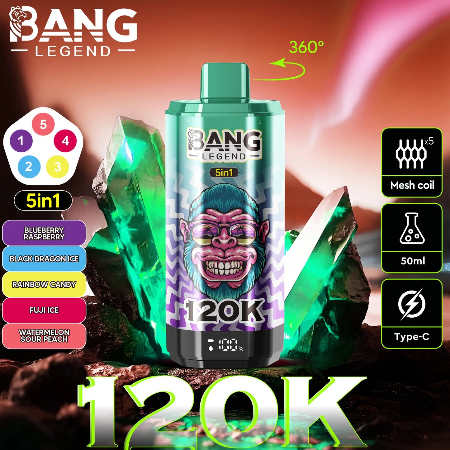Bang Legend 120000 120K Puffs 5 in 1 Flavors Newest Original Rechargeable LCD Display Disposable Vape