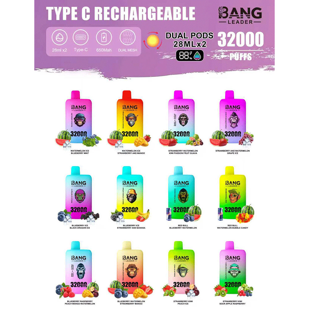 Bang Leader 32000 32k Puffs 0% 2% 3% 5% Nicotine  Double Taste Disposable Vape