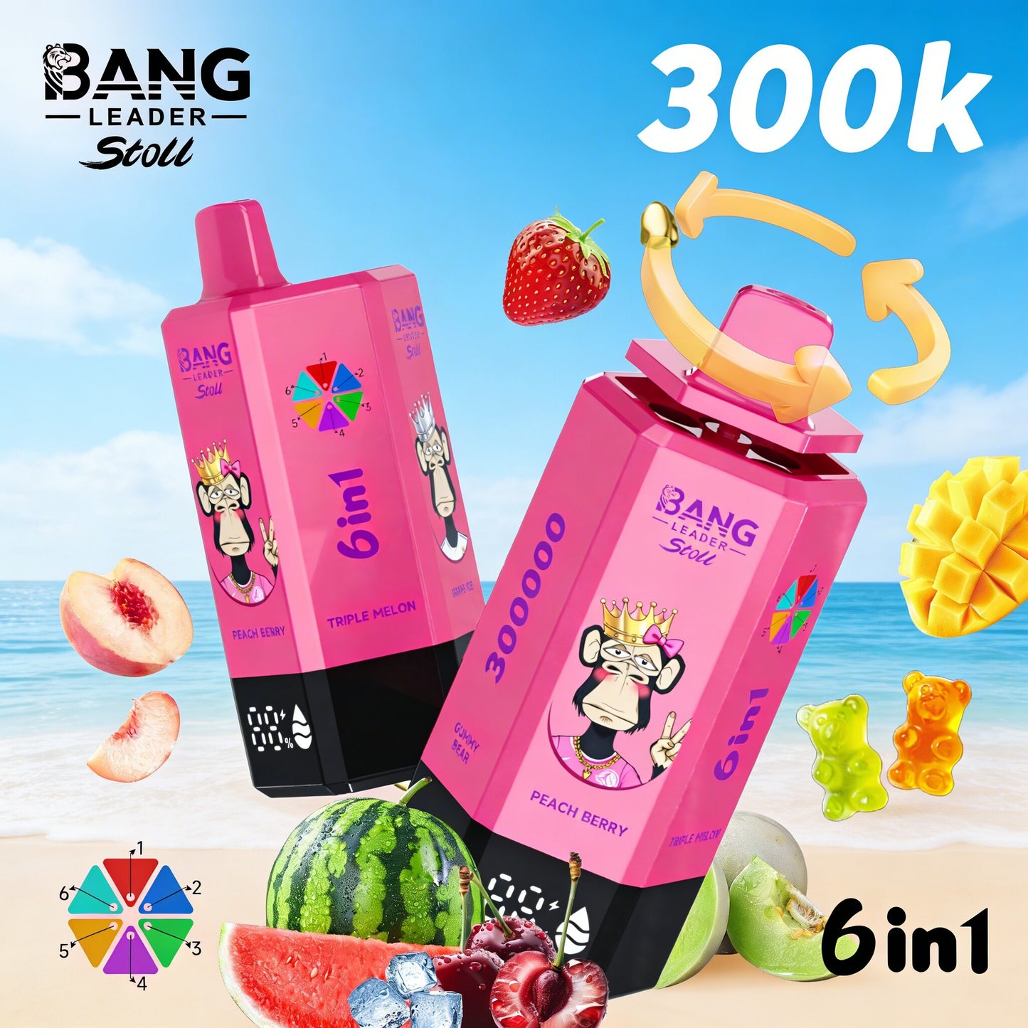 Bang Leader 300K 300000 Puffs 6 in 1 Flavors & 6 oil tanks Rechargeable LCD Display Disposable Vape EU Warehouse