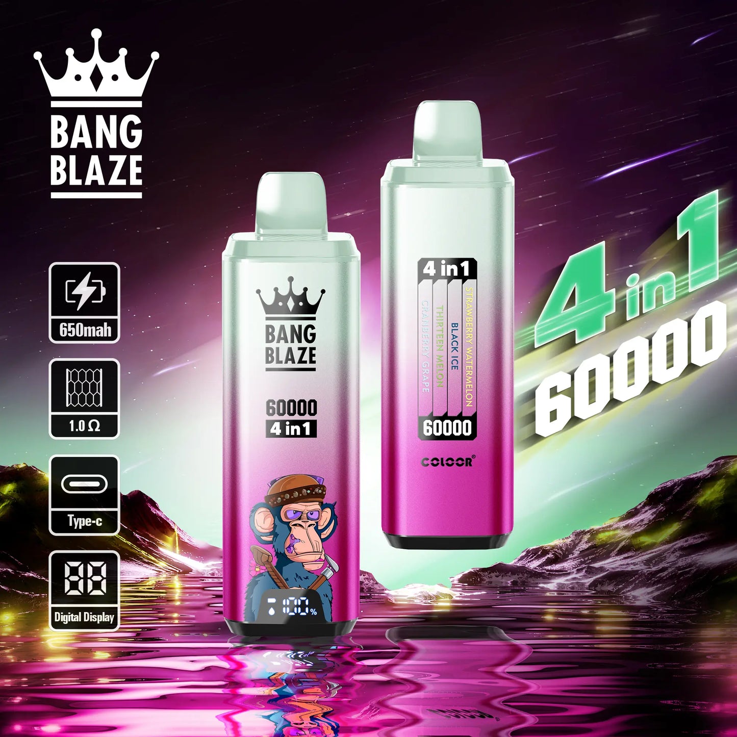 Bang Blaze 60000 60k Puffs 4 in 1 Flavors Newest Original Rechargeable LCD Display Disposable Vape