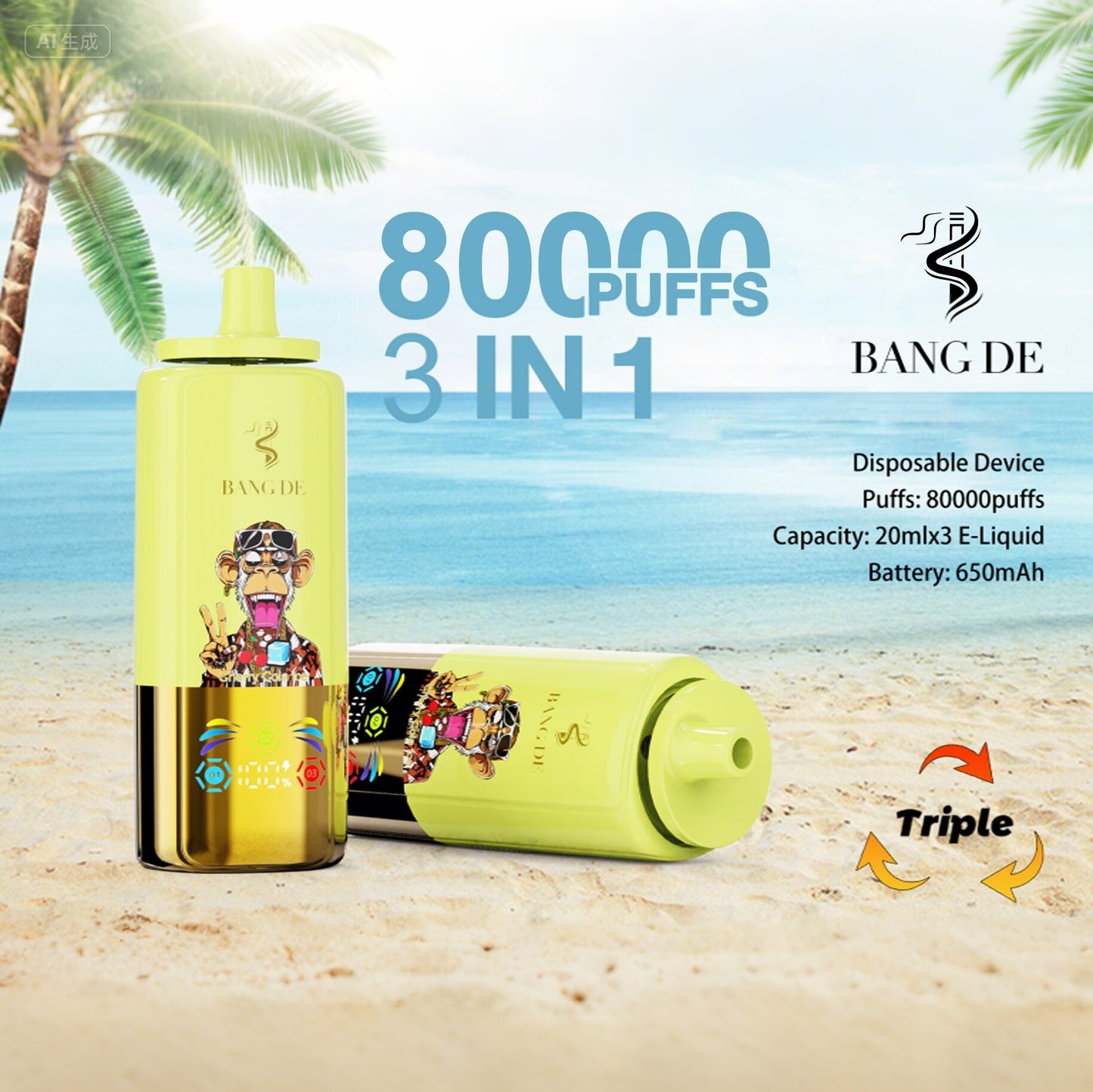 Bang DE 80000 80k Puffs 3 in 1 Flavors Newest Original Rechargeable LCD Display Disposable Vape