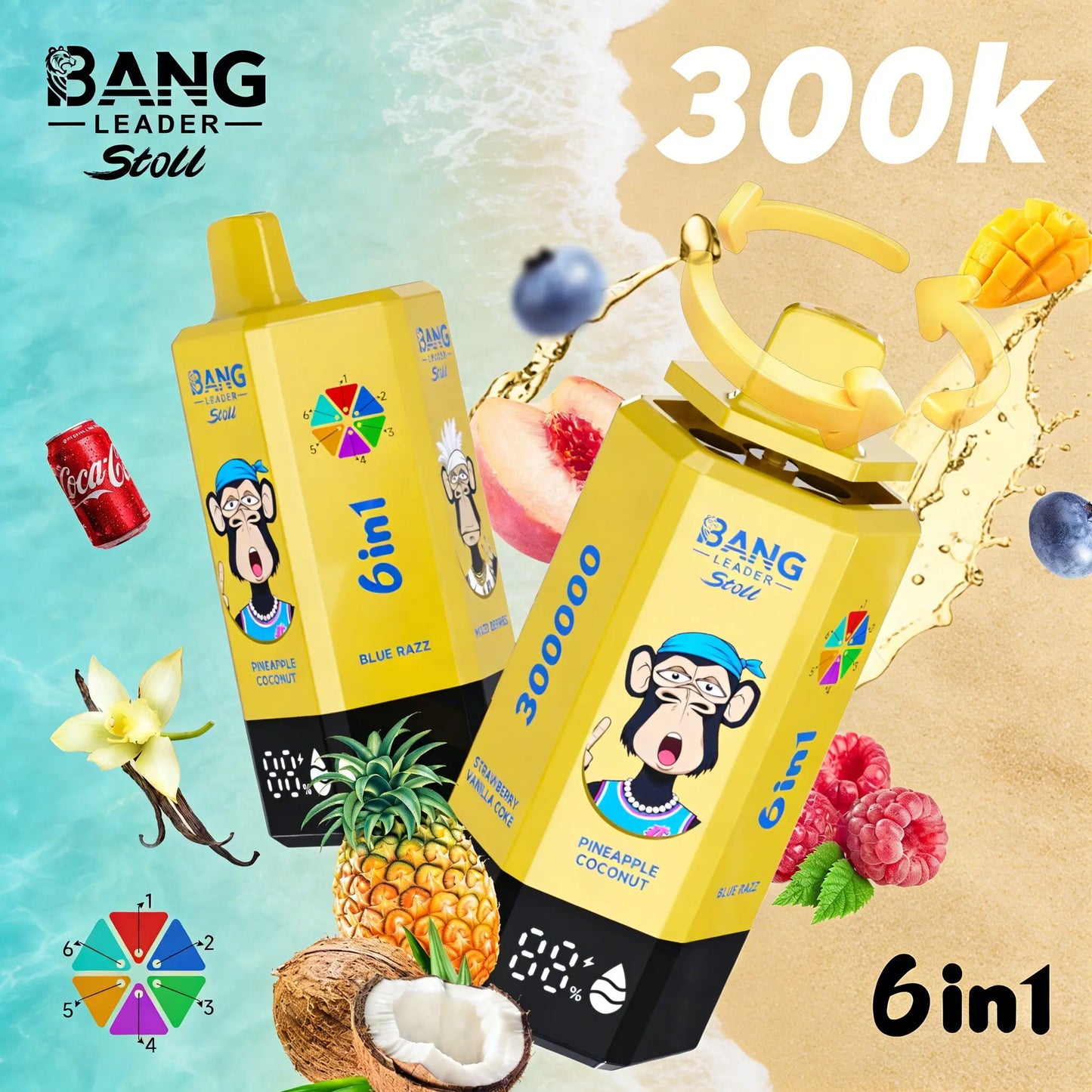Bang Leader 300K 300000 Puffs 6 in 1 Flavors & 6 oil tanks Rechargeable LCD Display Disposable Vape EU Warehouse