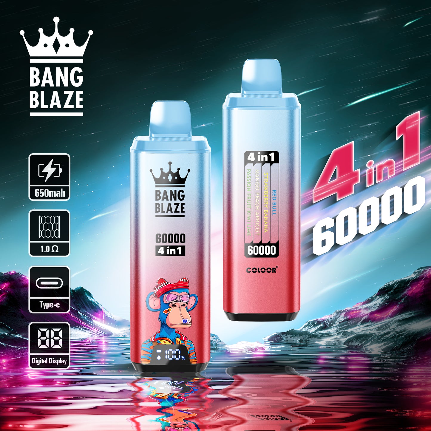 Bang Blaze 60000 60k Puffs 4 in 1 Flavors Newest Original Rechargeable LCD Display Disposable Vape