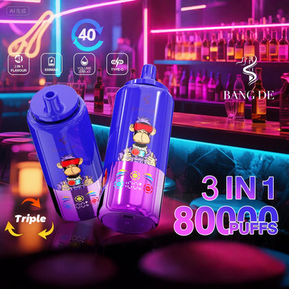 Bang DE 80000 80k Puffs 3 in 1 Flavors Newest Original Rechargeable LCD Display Disposable Vape