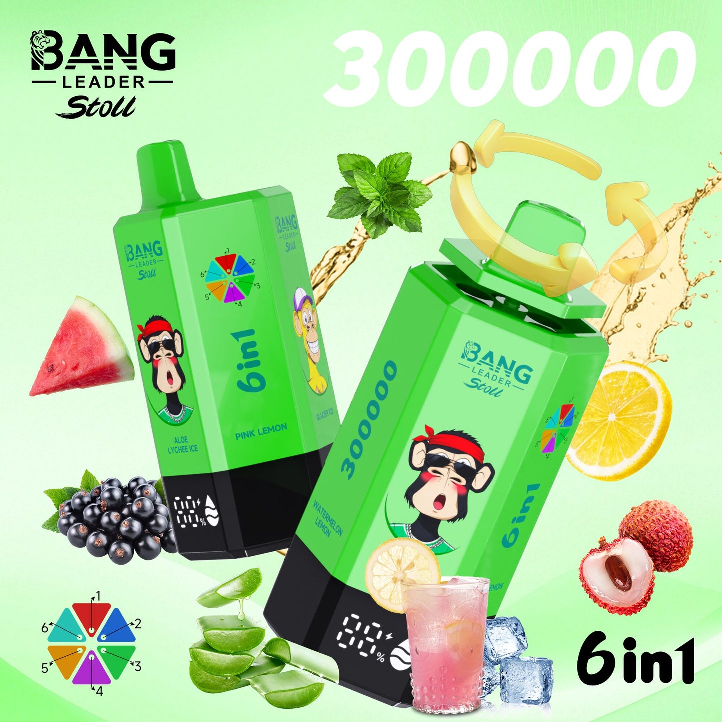 Bang Leader 300K 300000 Puffs 6-in-1 Flavors Rechargeable LED Display Disposable Vape