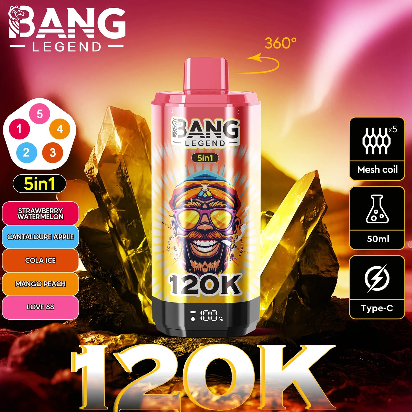 Bang Legend 120000 120K Puffs 5 in 1 Flavors Newest Original Rechargeable LCD Display Disposable Vape